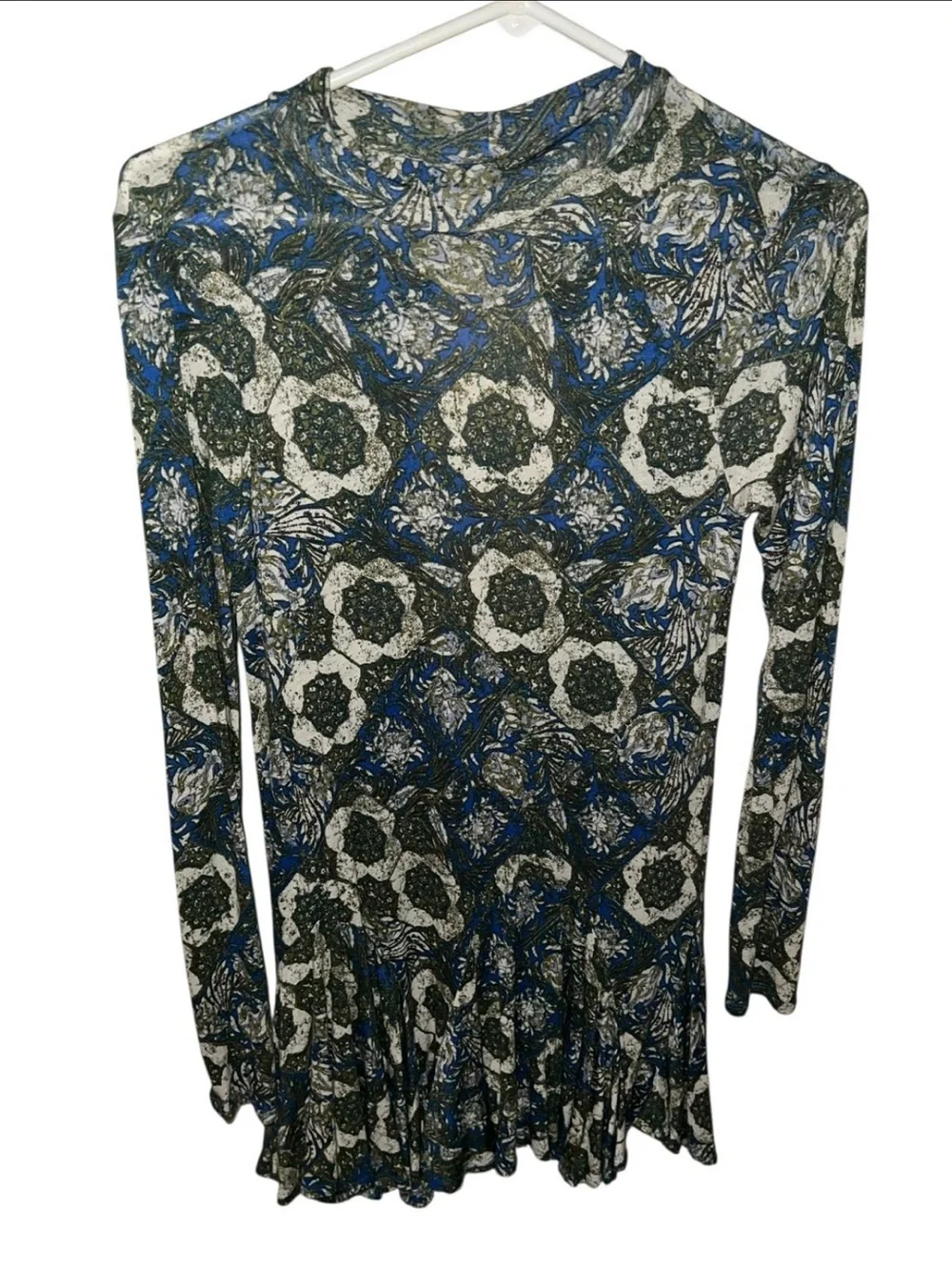 Free People Long Sleeve Floral Mosaic Mini Dress in Blue, Black, and White S